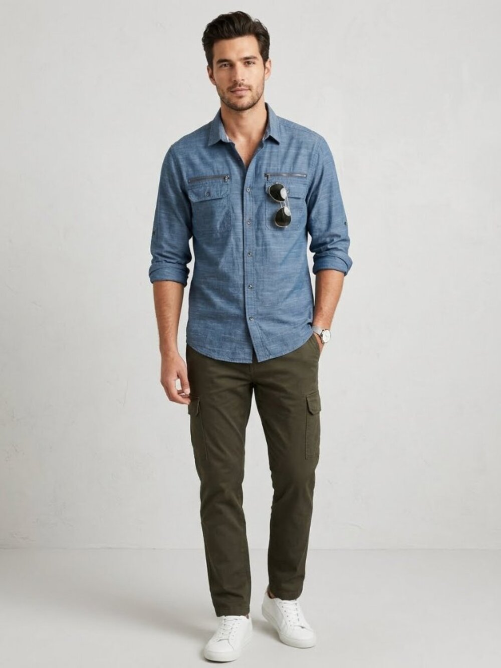 Rock & Republic Men's L Chambray Blue Roll-Tab Button Down Shirt